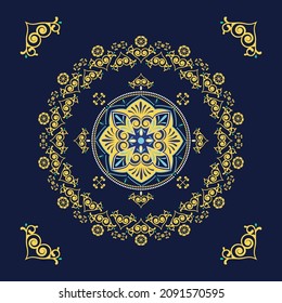 Vector tile pattern, Lisbon flower mosaic, Mediterranean turkish navy blue green and yellow ornament