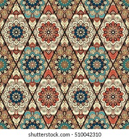 Vector Tile Seamless Pattern. Flower Mandala Rhombus. Colorful boho blue background. Intricate floral design element for wallpaper, fashion fabric print, furniture. Unusual vector ornament decoration