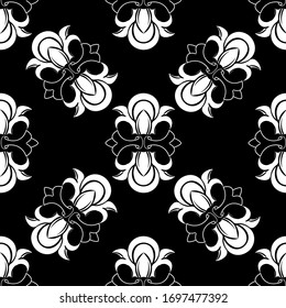 Vector tile seamless pattern. White ornament on black background