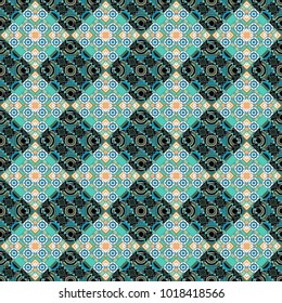Vector tiled background. Abstract holiday wrapping paper in black, neutral and blue. Seamless rhombus pattern. Fabric spring ornament with tiles. Traditional design of 50s. Pin up style.