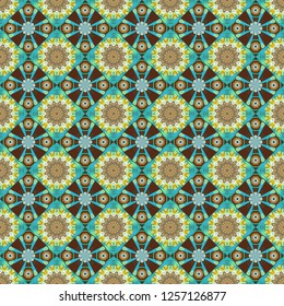 Vector tiled background. Abstract holiday wrapping paper in brown, blue and beige. Traditional design of 50s. Seamless rhombus pattern. Fabric spring ornament with tiles. Pin up style.