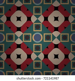 Vector tiled background. Abstract holiday wrapping paper in blue, red and beige. Pin up style. Fabric spring ornament with tiles. Seamless rhombus pattern. Traditional design of 50s.