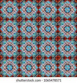 Vector tiled background. Pin up style. Fabric spring ornament with tiles. Abstract holiday wrapping paper in blue, orange and black. Seamless rhombus pattern. Traditional design of 50s.