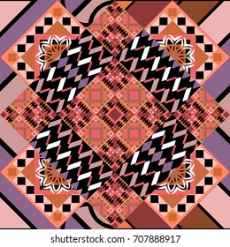 Vector tiled background. Pin up style. Fabric spring ornament with tiles. Abstract holiday wrapping paper in pink, brown and orange. Traditional design of 50s. Seamless rhombus pattern.