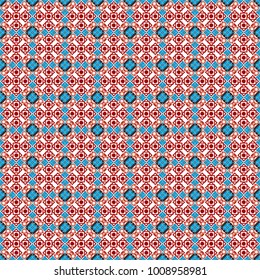 Vector tiled background. Seamless rhombus pattern. Abstract holiday wrapping paper in blue, red and white. Pin up style. Traditional design of 50s. Fabric spring ornament with tiles.