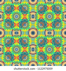 Vector tiled background. Traditional design of 50s. Abstract holiday wrapping paper in blue, green and yellow. Seamless rhombus pattern. Fabric spring ornament with tiles. Pin up style.