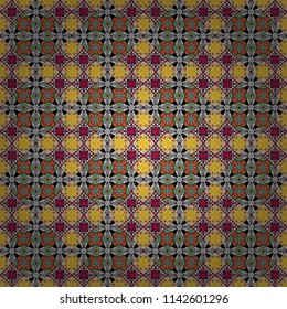 Vector tiled background. Traditional design of 50s. Abstract holiday wrapping paper in gray, yellow and red. Seamless rhombus pattern. Pin up style. Fabric spring ornament with tiles.