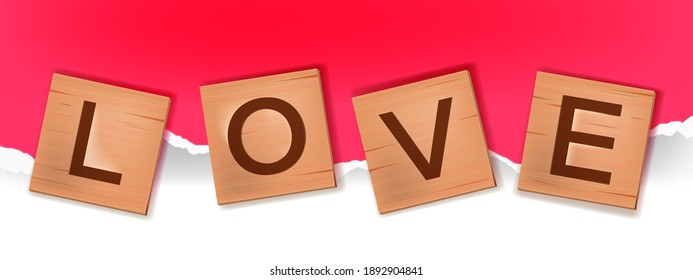 Vector tiles alphabet word game, wooden block letters spelling love in English. Cube square romantic engraved puzzle illustration on paper background. Valentines Day creative postcard, wooden letters