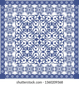 Vector tiles background in portuguese style. Blue and white mosaic pattern. Tiles for ceramic in dutch, portuguese, spanish, italian style.