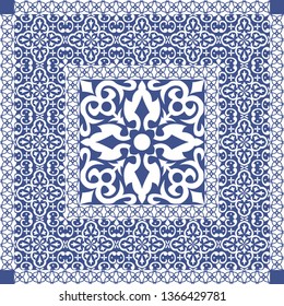 Vector tiles background in portuguese style. Blue and white mosaic pattern. Tiles for ceramic in dutch, portuguese, spanish, italian style.