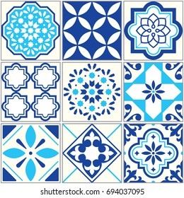 Vector tiles blue pattern, Lisbon floral mosaic, Mediterranean seamless ornament - Azulejos