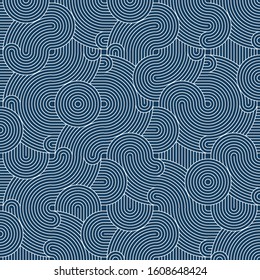 Vector tiles pattern, abstract seamless background in retro 1960s style. Mid century print, vintage fabric design in blue. Geometric abstract texture with round shapes, circles, dots, lines, stripes