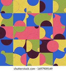 Vector tiles pattern, abstract seamless background in retro 1960s style. Mid century colorful print, vintage fabric design. Geometric abstract texture with round shapes, circles, dots, lines, stripes