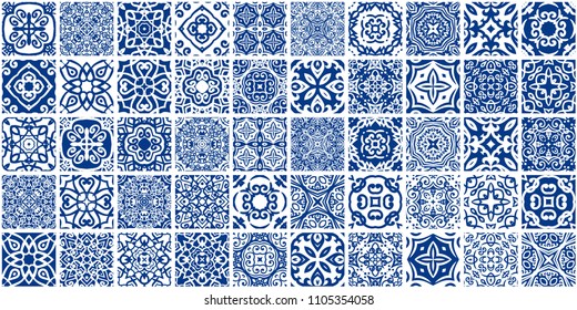 Vector tiles patterns. Seamless flourish backgrounds with blue flourish elements. Arabic decorative design for floor or wall. Square symmetrical ornament. Azulejos oriental illustration.