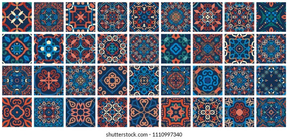 Vector tiles patterns. Seamless flourish backgrounds with blue red flower elements. Arabic decorative design for floor or wall. Square symmetrical ornament. Colorful weave oriental illustration.