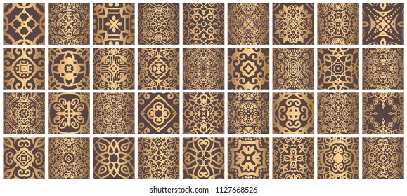 Vector tiles patterns. Seamless flourish backgrounds with golden flourish elements. Arabic decorative design for floor or wall. Square symmetrical ornament. Azulejos oriental illustration.