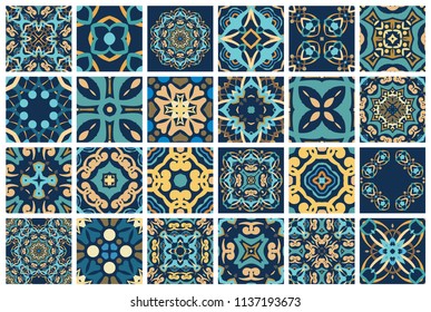 Vector tiles patterns. Seamless flourish backgrounds with blue yellow flower elements. Arabic decorative design for floor or wall. Square symmetrical ornament. Colorful weave oriental illustration.