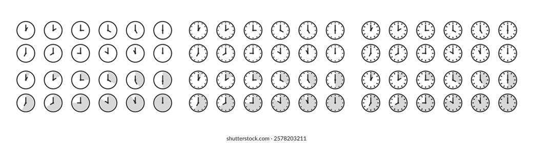 Vector Time and Clock icons set.Clocks icon collection design. Horizontal set of analog clock icon symbol