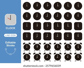 Vector Time and Clock icons in thin line style, editable Stroke and Fill