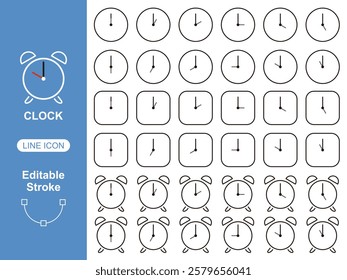 Vector Time and Clock icons in thin line style, editable Stroke and Fill