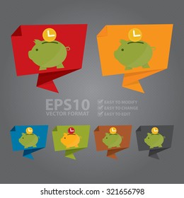 Vector : Time Depositing Into Piggy Bank Paper Origami Speech Bubble or Speech Balloon Infographics Sticker, Label, Sign or Icon 