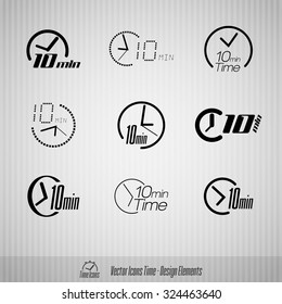 Vector time icons. 10 minutes symbols. Design elements.