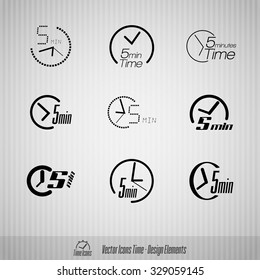 Vector time icons. 5 minutes symbols. Design elements.