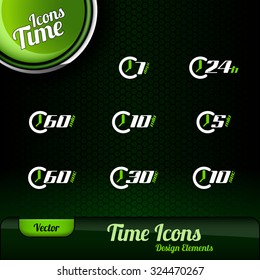 Vector time icons. Dark green background with green button. Design elements.