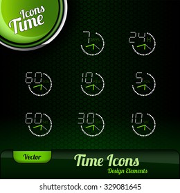 Vector time icons. Dark green background with green button. Design elements.