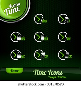 Vector time icons. Dark green background with green button. Design elements.