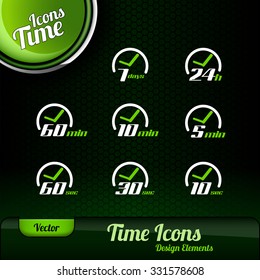 Vector time icons. Dark green background with green button. Design elements.