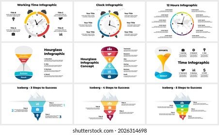 Infografik zur Vektorzeit. Kreisdiagramm des Uhrenkreises. Stundenglaskarte. Konzeptbanner von Iceberg. Präsentationsfolienvorlage. Alarm-Konzept mit 6 Optionen.