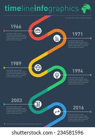 Vector time line info graphic with diagram and over Graph elements. Design template of timeline on dark background.