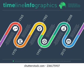Vector time line info graphic with diagram, icons and over Graph elements. Web Design template of timeline on dark background.