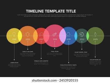 Plantilla de infográficos de línea de tiempo de Vector con hitos de círculo resaltados con íconos y números de año en color transparente intervalos de bloques descripciones y títulos