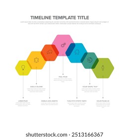 Vector de línea de tiempo infografía Plantilla con Formas hexagonales resaltadas hitos con íconos y números de año en color intervalos de bloques transparentes descripciones y títulos Infografía multipropósito