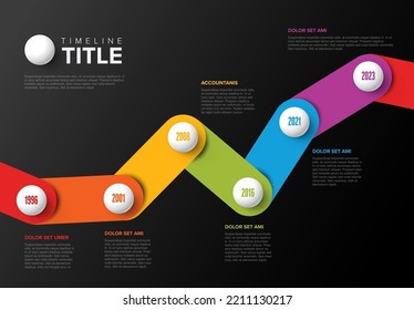 Vector time line progress template diagram schema with steps icons and descriptions. White spheres with icons on color rounded stripes and minimalistic design on dark background