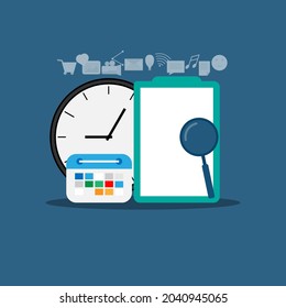 gestión del tiempo vectorial, lista de tareas, calendario y plan, lista de verificación diaria, documento de plan para diseño, diseño plano, calendario de trabajo