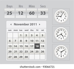 Vector time set: calendar, round clock and flip clock