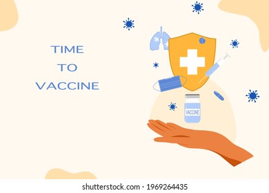 Vector - Time to vaccinate. Hand, a bottle of vaccine, syringe, face mask, pill or drug and shield to protection from Coronavirus (Covid-19) pandemic. Healthcare, medical concept. Copy space.