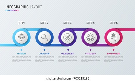 Vector timeline chart infographic design for data visualization. 5 steps, options, processes.