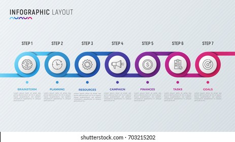 Vector timeline chart infographic design for data visualization. 7 steps, options, processes.