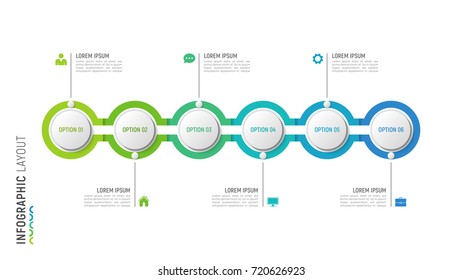 Vector timeline chart infographic design for data visualization. 6 steps, options, processes.