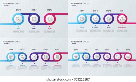 Vector timeline chart infographic designs for data visualization. 3, 4, 5, 6 steps, options, processes.