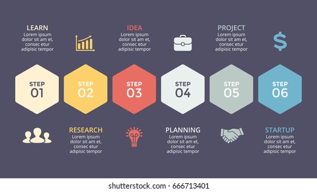Vector timeline hexagons infographic, diagram chart, graph presentation. Business template with 6 options, parts, steps, processes.