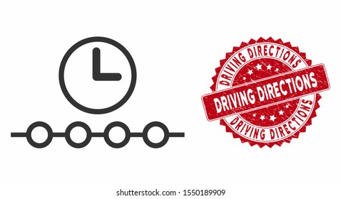 Vector timeline icon and rubber round stamp watermark with Driving Directions caption. Flat timeline icon is isolated on a white background. Driving Directions stamp uses red color and rubber design.