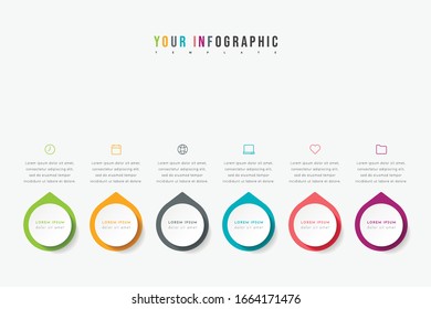 Vector timeline infographic with 6 pointers, steps or processes. Colorful template design.