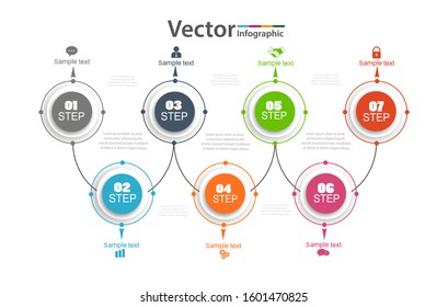 Vector timeline infographic with 7 options, can be used for workflow layout, diagram, annual report, web design. Business concept with options, steps or processes. Vector eps 10