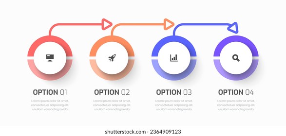 Vector Timeline Infographic Business con Etiqueta de Círculo, Flechas, Icono y 4 Opciones de Presentación