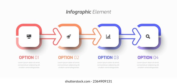 Negocio gráfico de línea de tiempo vectorial con etiquetas cuadradas, flechas, iconos y 4 opciones de presentación